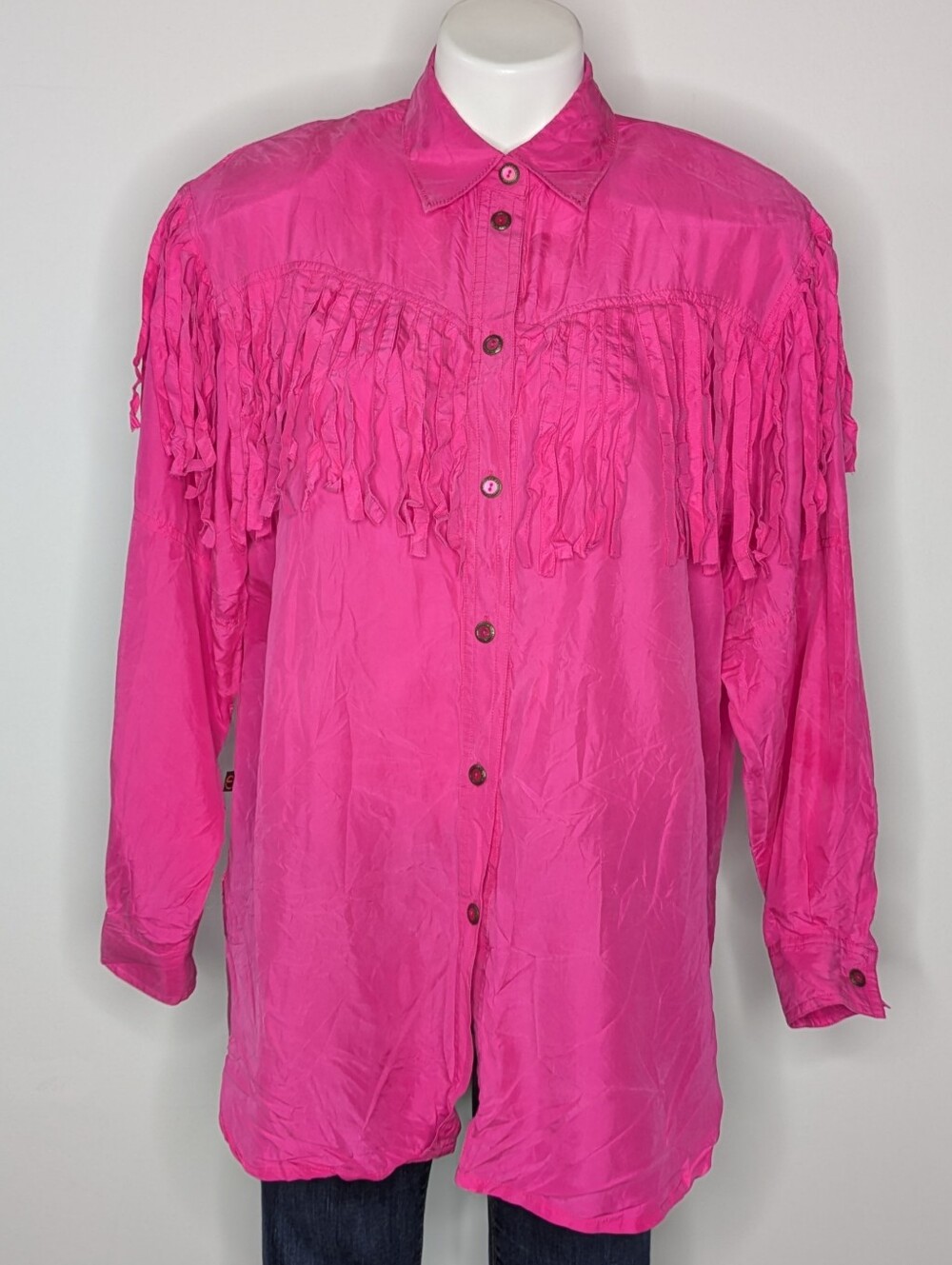 Vintage Palmer Pink Fringe Long Sleeve Silk Button Up M